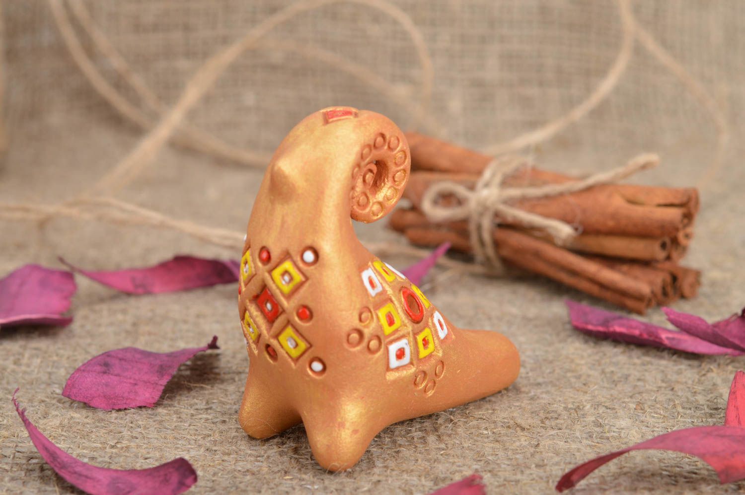 Goldish handmade painted unusual beautiful folk toy whistle made of clay photo 1