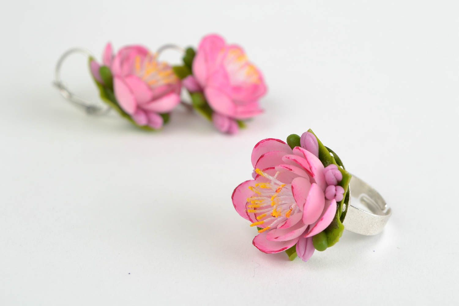 Pink cold porcelain flower jewelry set 2 pieces earrings and ring handmade photo 3