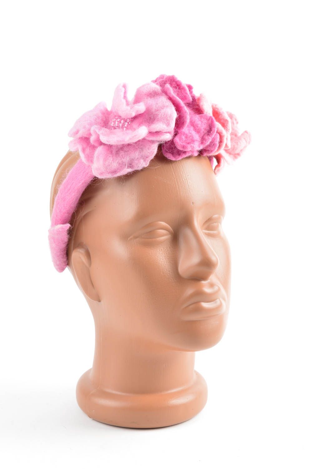 Serre-tête fleurs roses Bijou fait main laine et plastique Accessoire cheveux photo 5