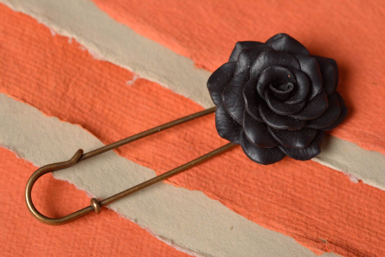 Handmade brooch with polymer clay flower black beautiful unusual photo 1