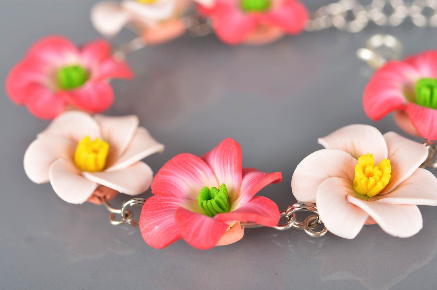 Thin designer polymer clay bracelet with flowers handmade accessory on chain photo 2