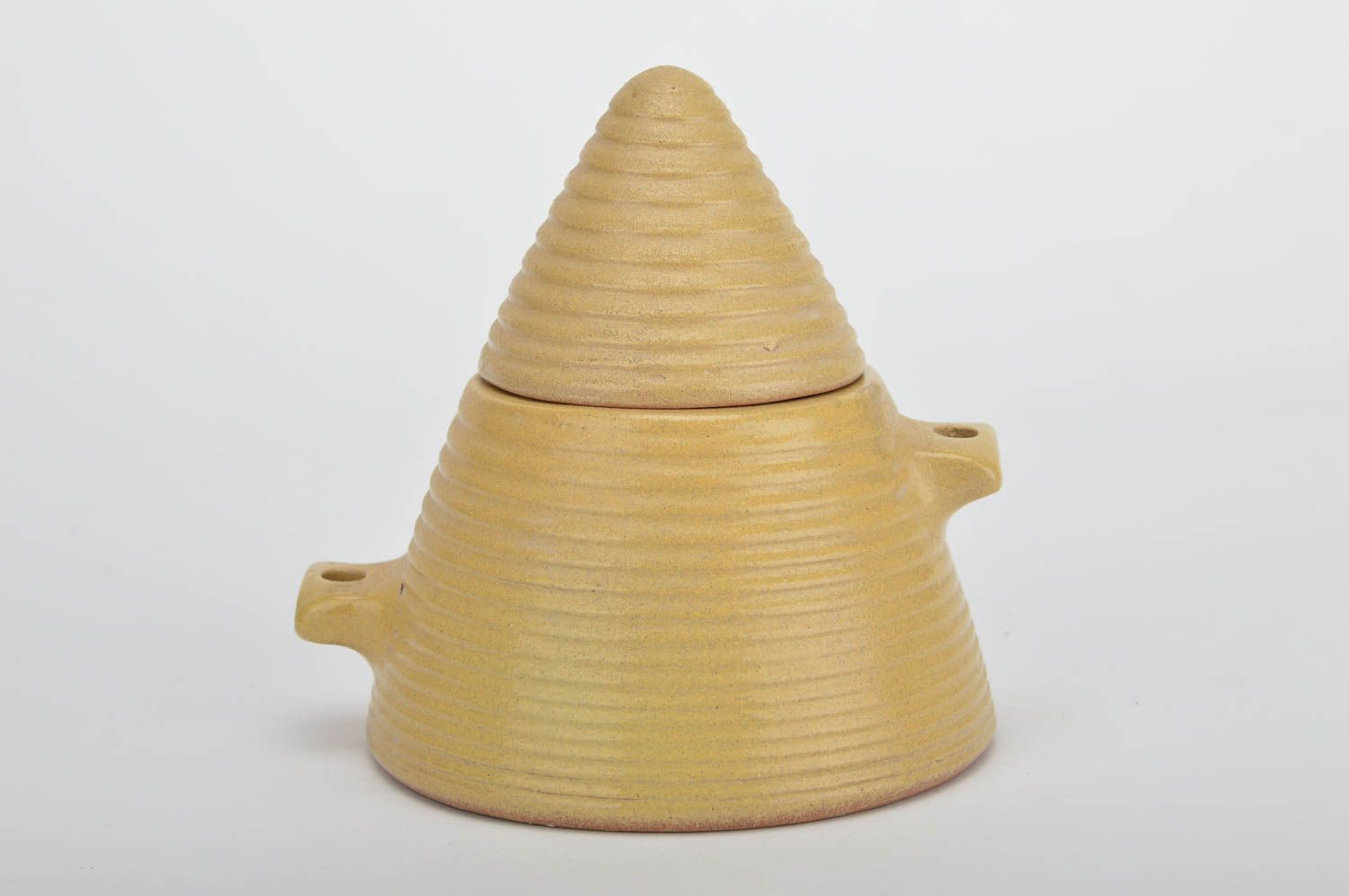 Handmade yellow sugar bowl for lump sugar with lid in shape of pyramid  photo 2