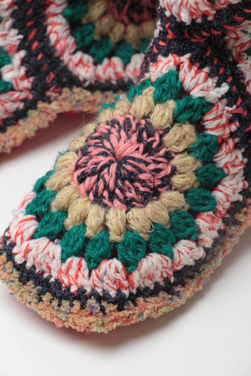 Convenient soft handmade crocheted home slippers made of mixed threads photo 3