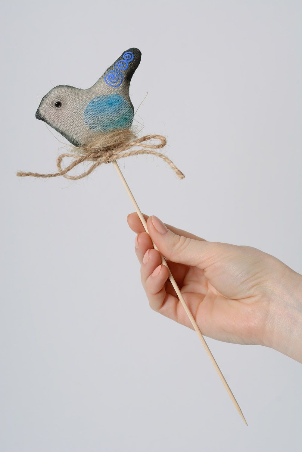 Handmade gray linen textile bird on stick for flowerpot photo 3