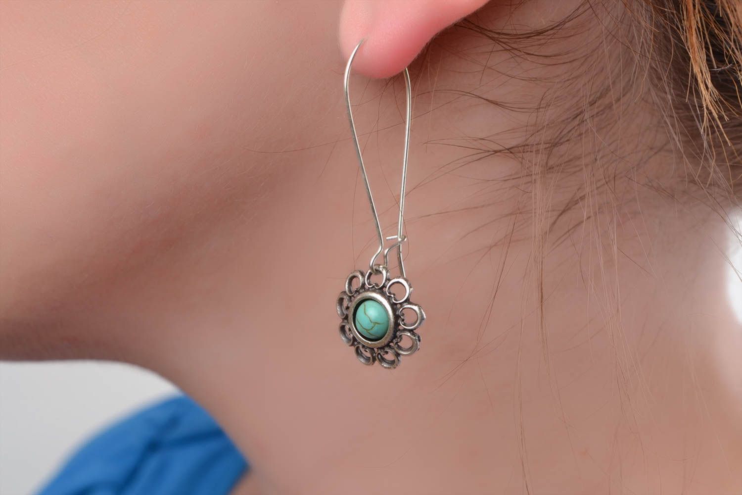Handmade stylish long designer metal dangling earrings with turquoise stone photo 1