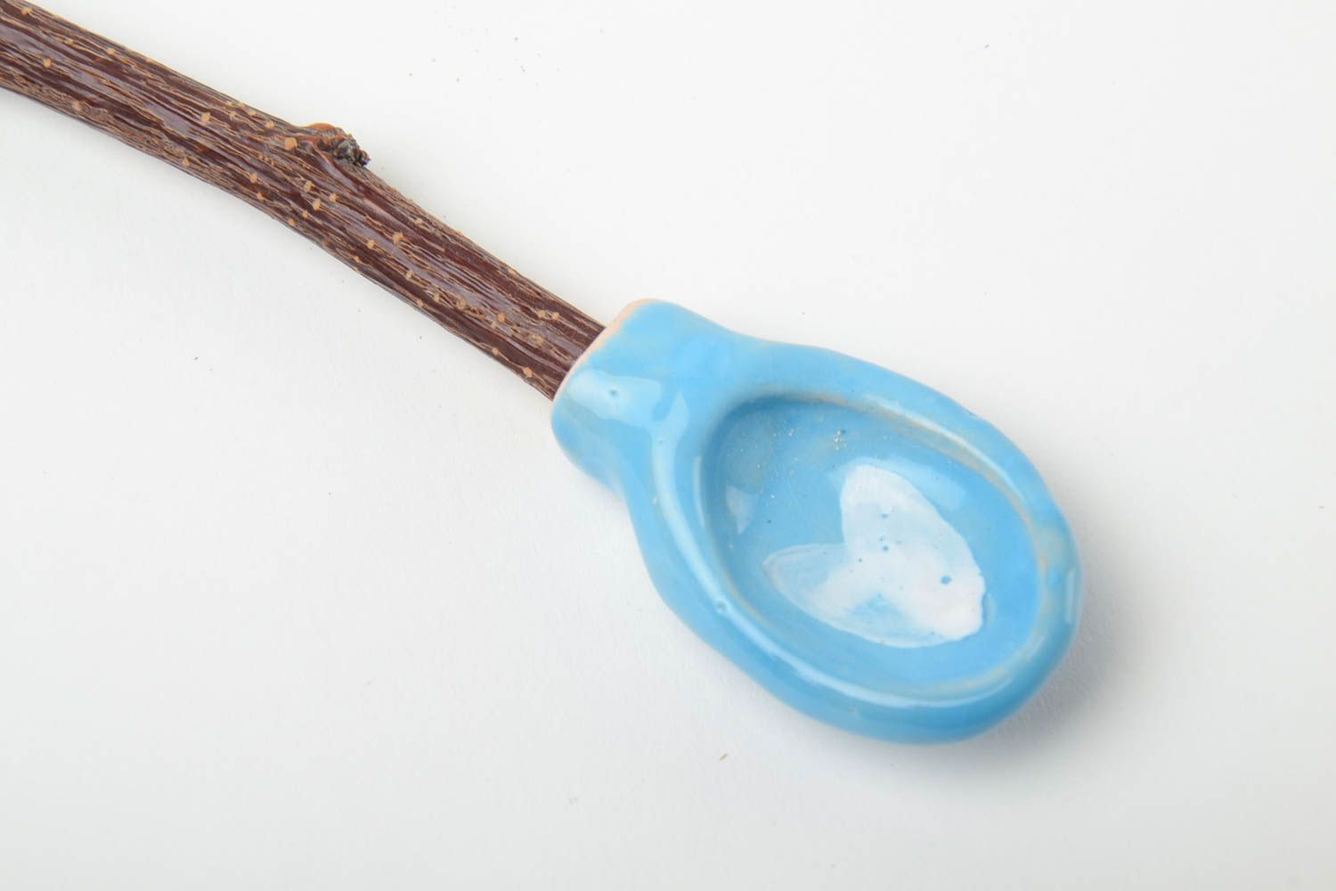Beautiful glazed handmade designer clay spoon with apricot wood handle photo 4