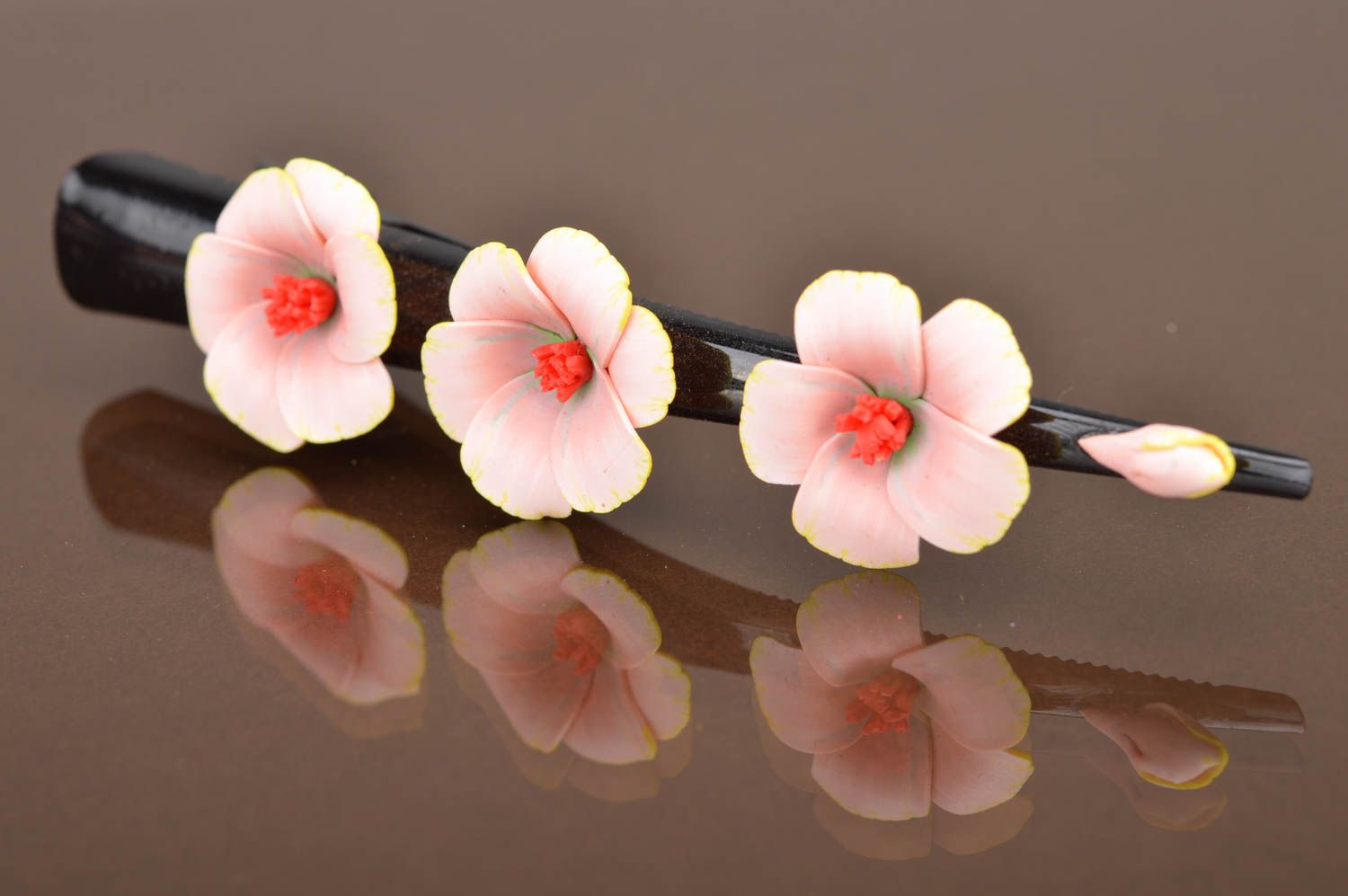 Handmade large metal hair clip with tender polymer clay pink sakura flowers photo 3