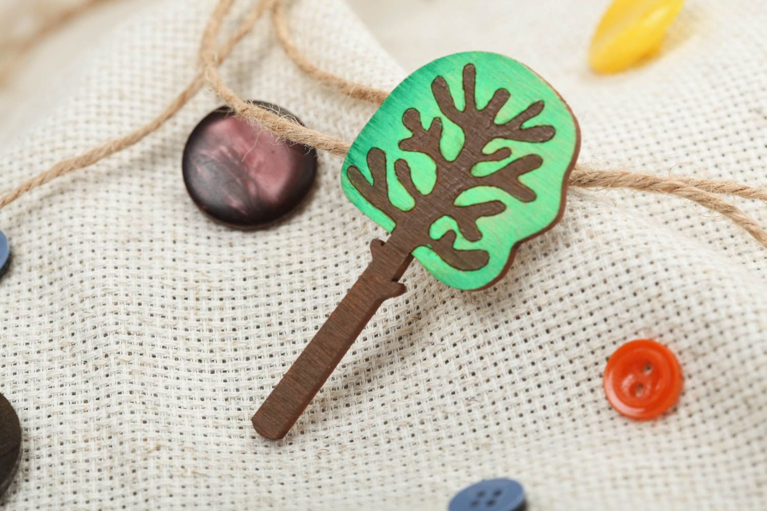 Bright plywood brooch painted with acrylics Green Tree handmade accessory photo 1