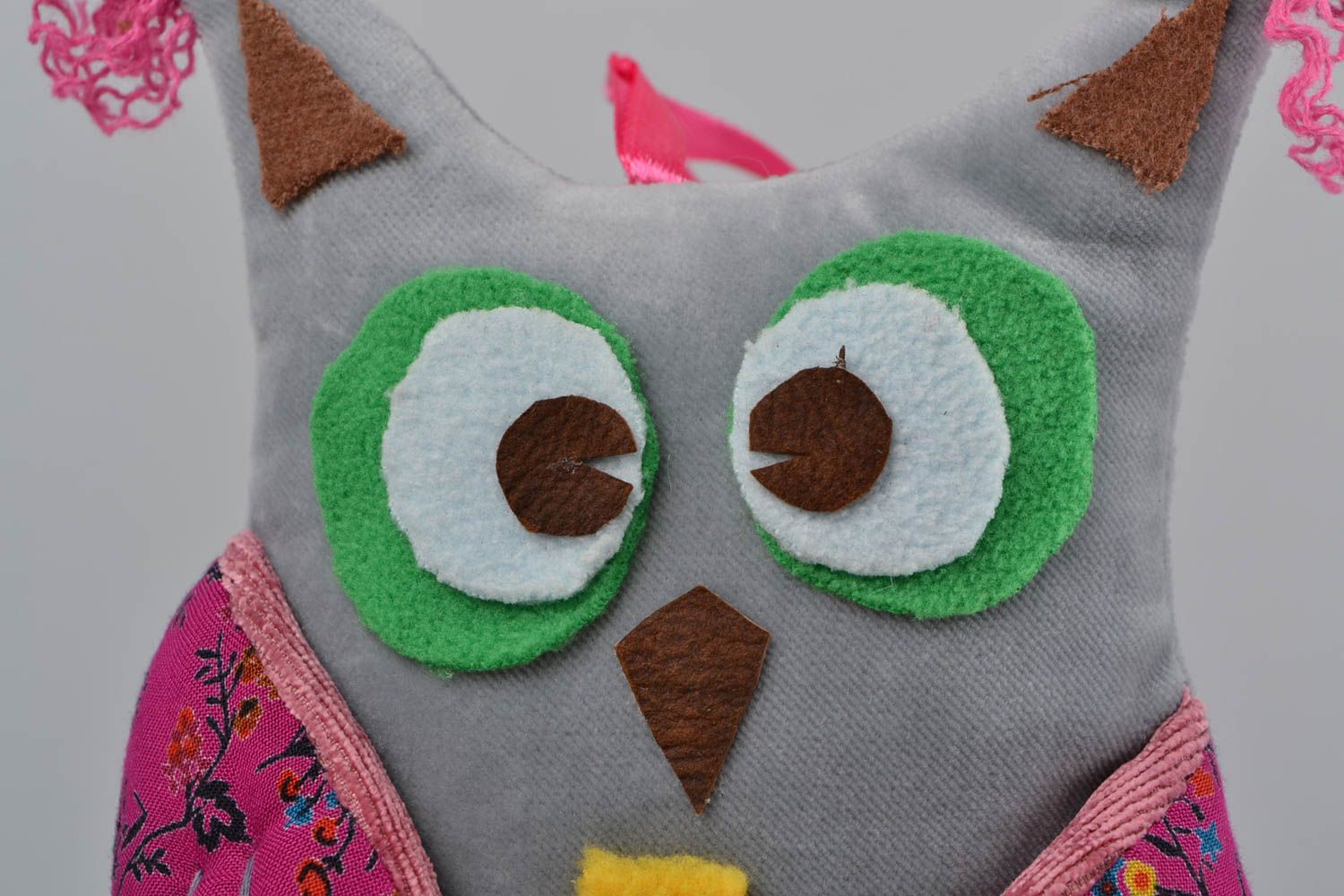 Handmade funny designer fleece soft toy with eyelet owl with yellow necktie photo 4