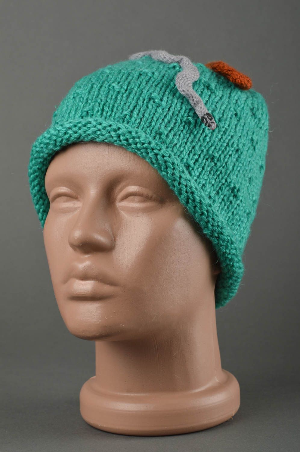 Bonnet tricot fait main Chapeau au crochet chaud turquoise Vêtement enfant photo 1