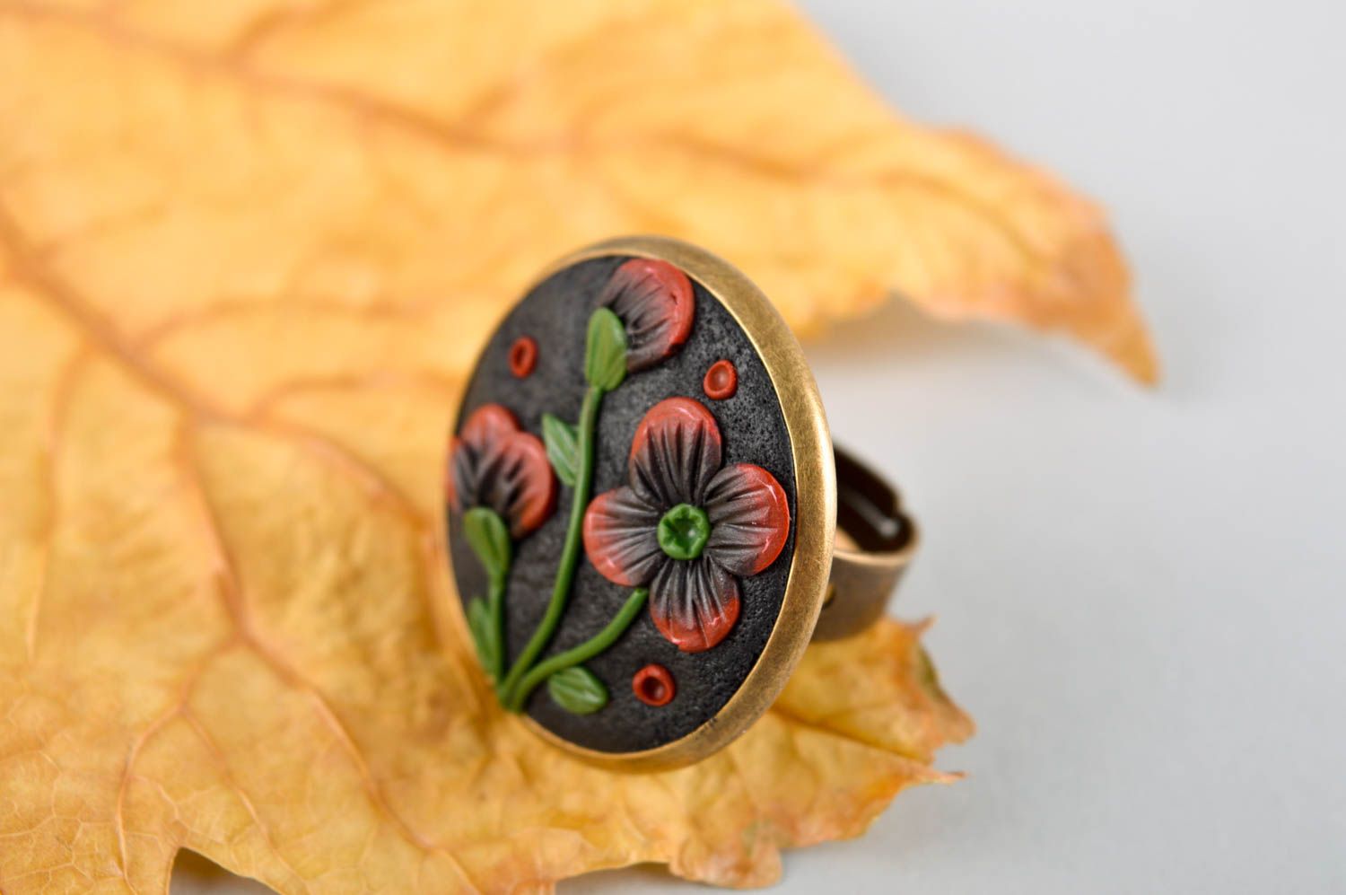 Handmade polymer clay ring round-shaped ring flower ring handmade jewelry photo 1