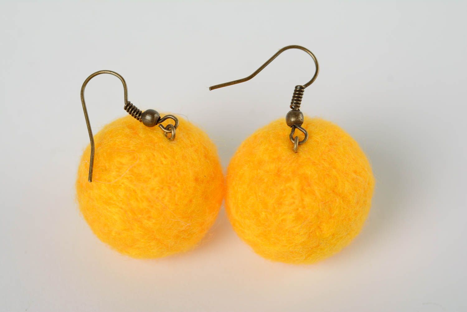 Handmade yellow felted wool ball earrings photo 4