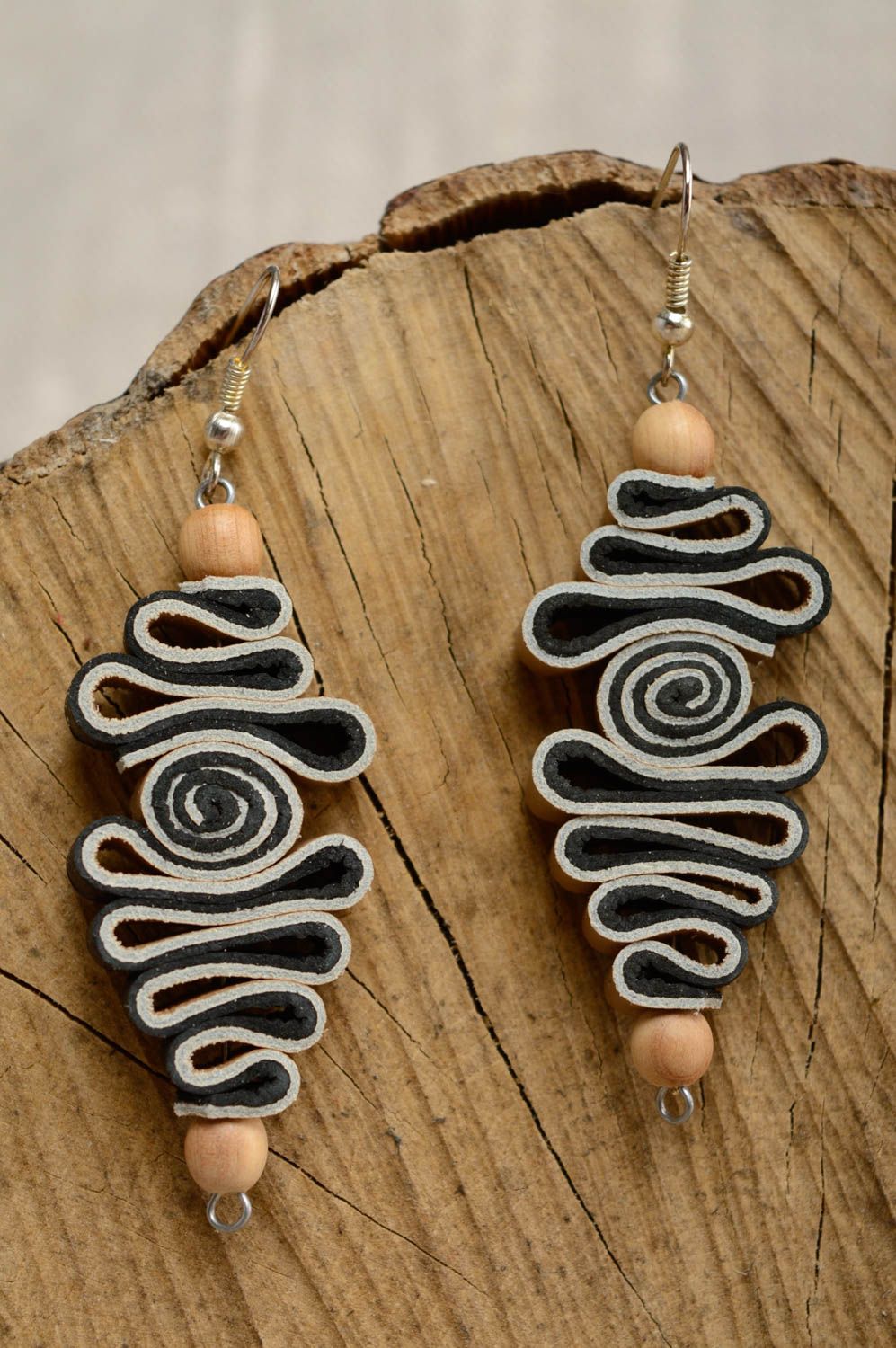 Leather earrings with wooden beads photo 1