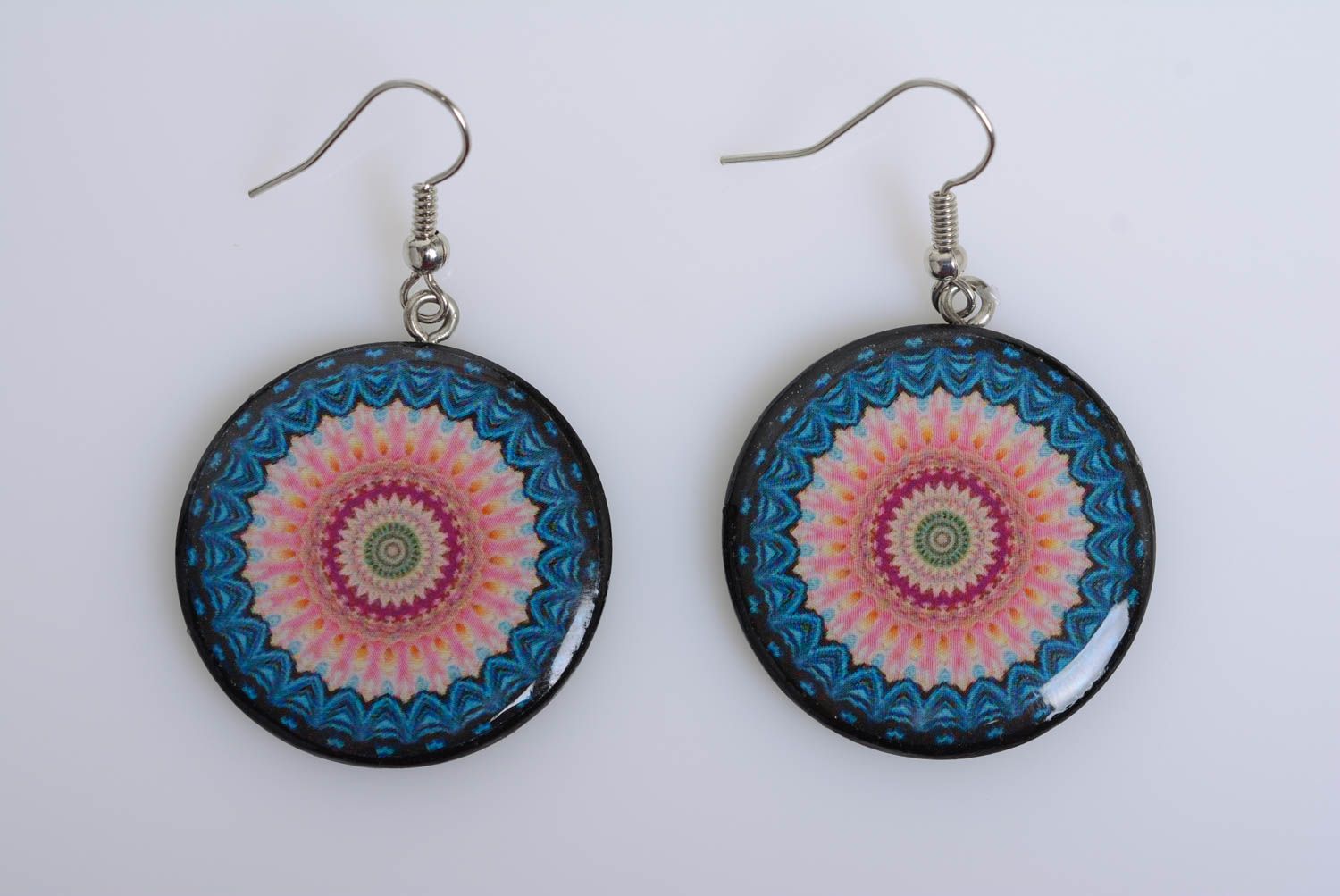 Stylish design handmade polymer clay round earrings with decoupage patterns photo 5