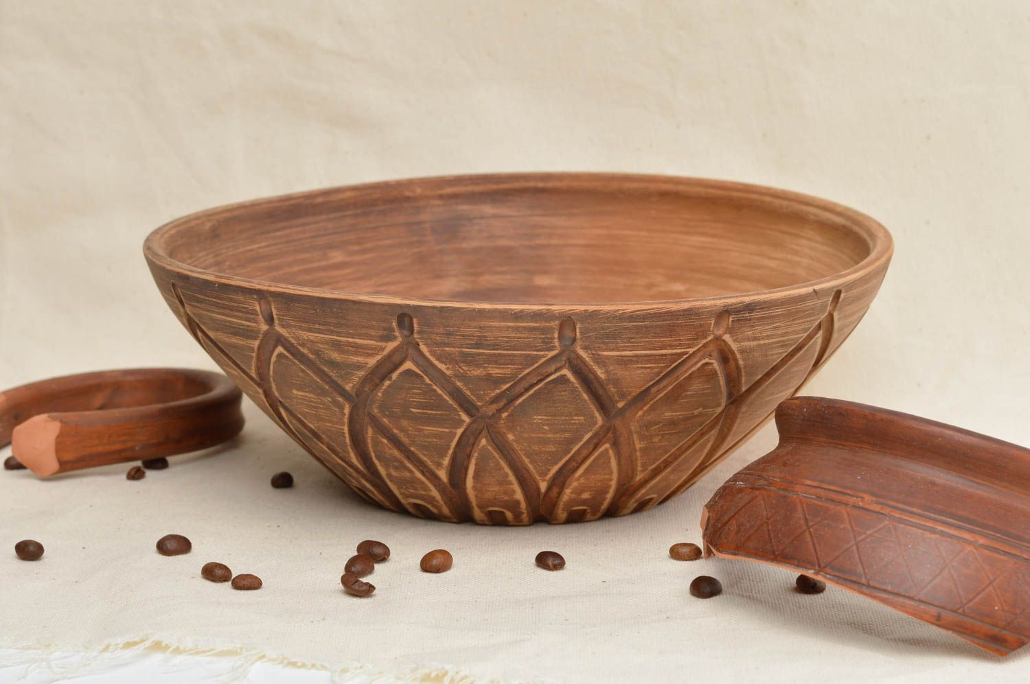 Big ceramic plate handmade stylish kitchenware bowl for salad with ornament photo 1