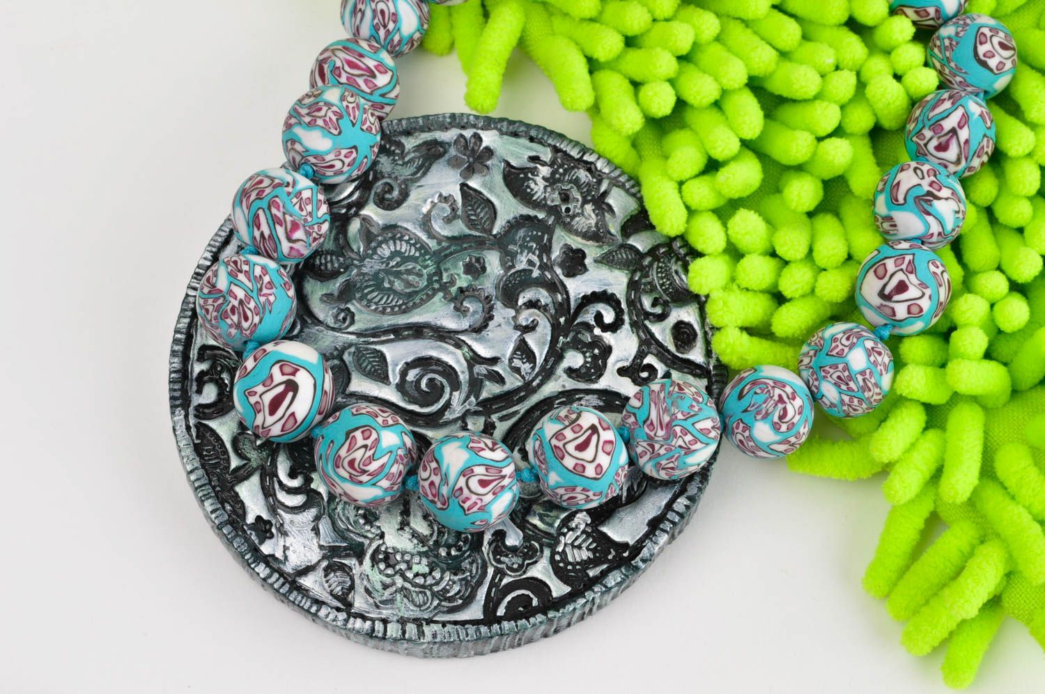 Handmade necklace with natural stones polymer clay necklace elegant jewelry photo 2