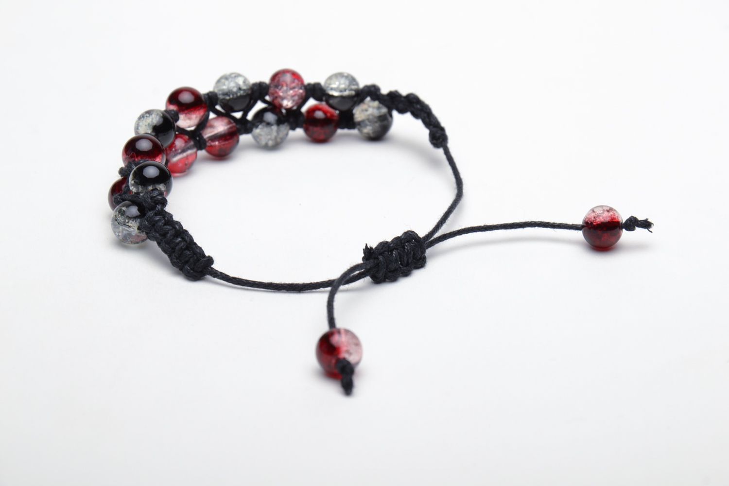 Bracelet en perles de verre tressé de lacet ciré en deux rangées fait main photo 5