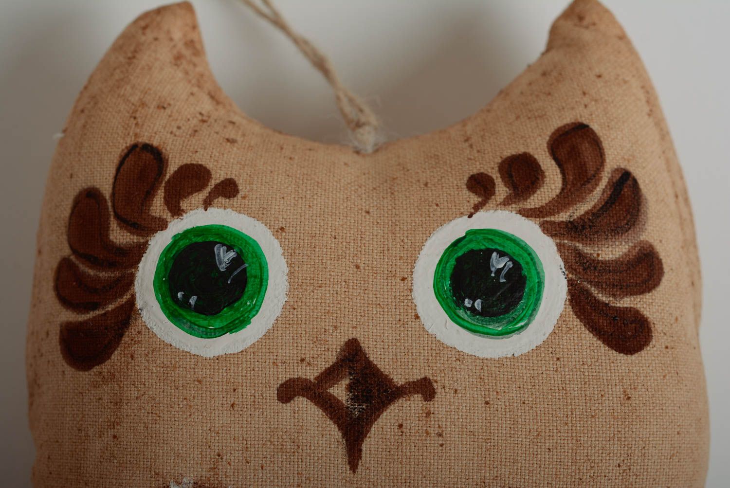 Beautiful handmade cotton fabric soft interior pendant toy painted with acrylics Owl with eyelet photo 3