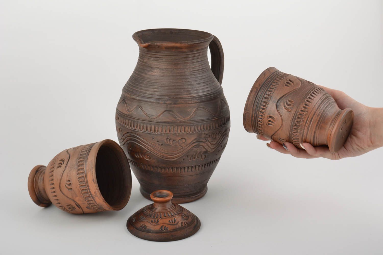 Conjunto de vajilla cerámica jarra y copas artesanales tratadas por leche 3 piezas foto 3