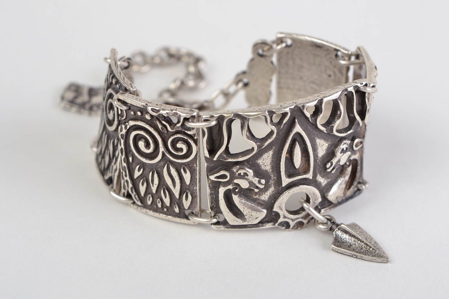 Handmade designer metal wide wrist bracelet with charms hypoallergenic photo 2