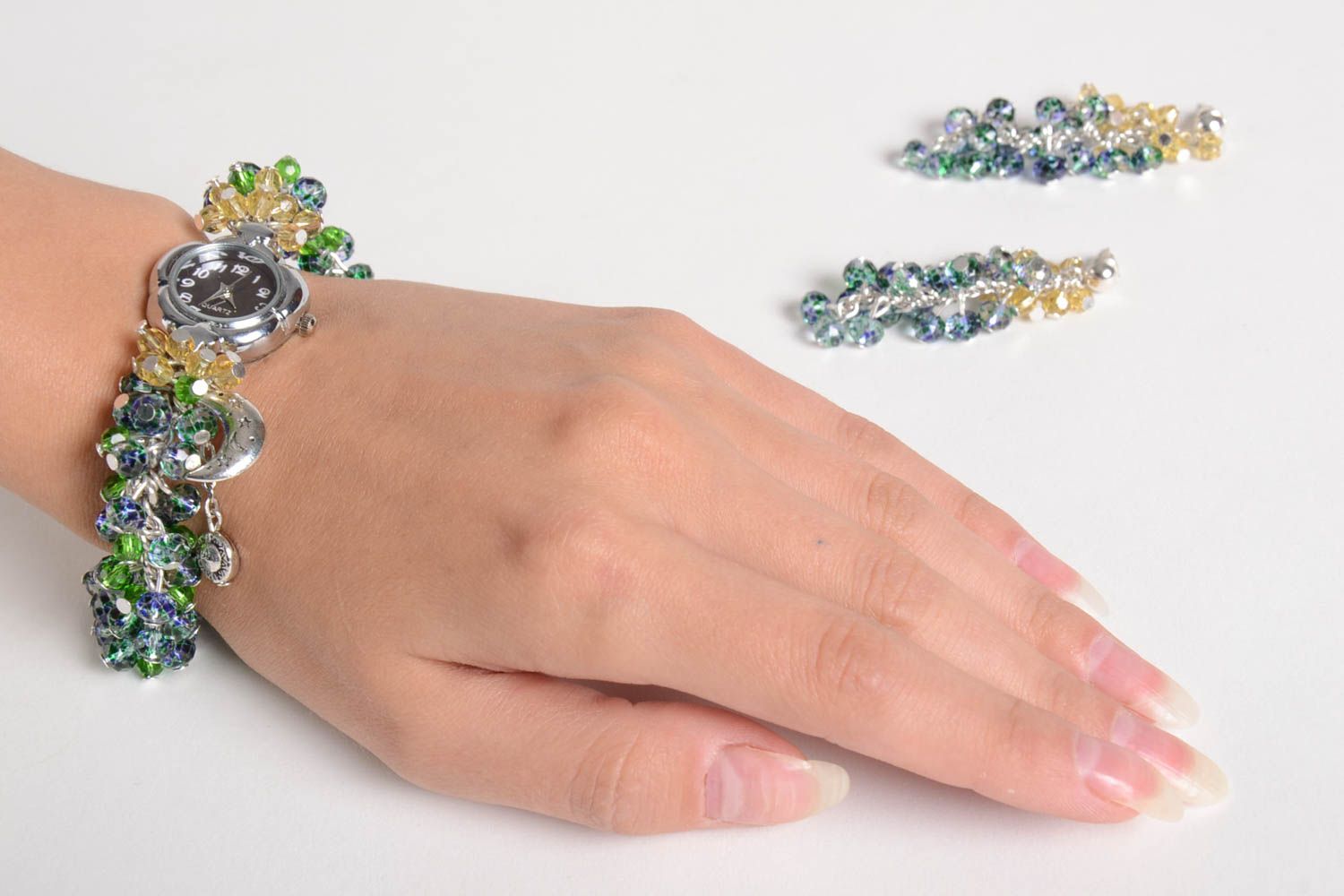 Handmade beaded earrings beaded bracelet wrist watch cool jewelry set  photo 2