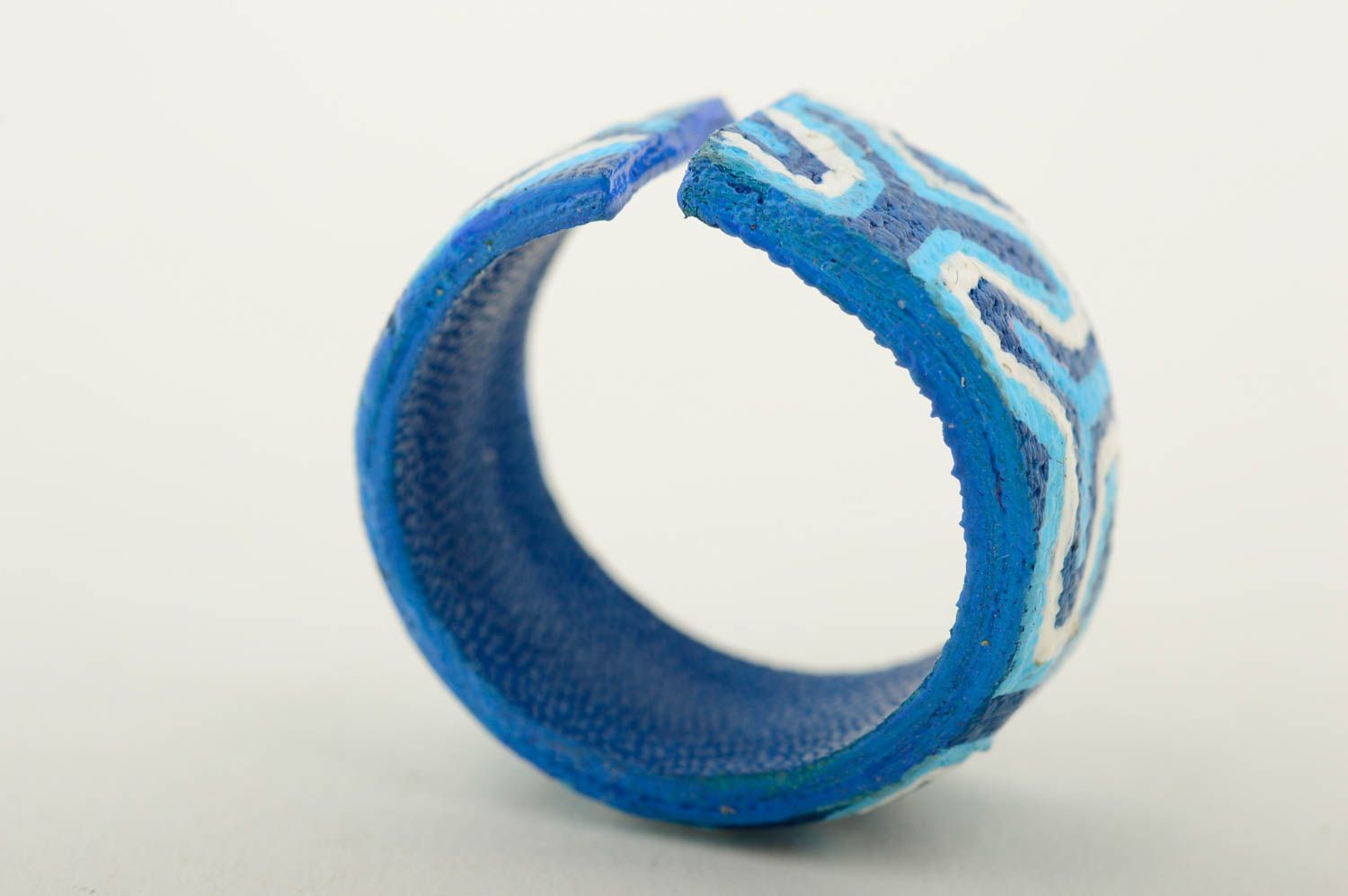 Кольцо ручной работы кожаный аксессуар голубой оригинальное кольцо с росписью фото 5