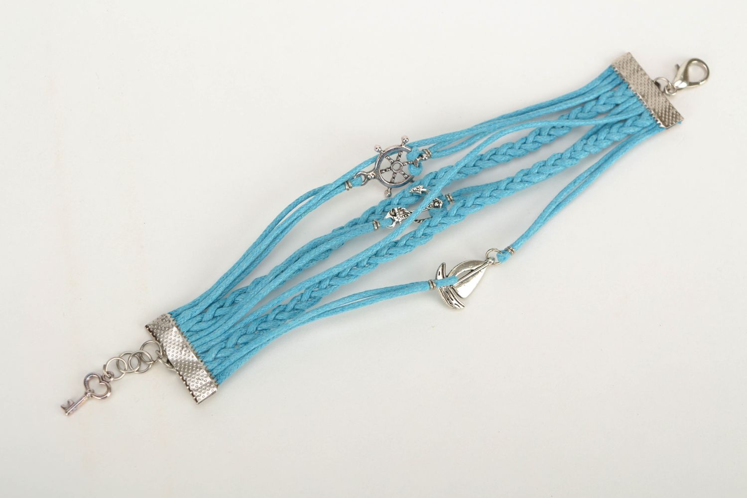 Голубой браслет из вощеного шнура в морском стиле  фото 4