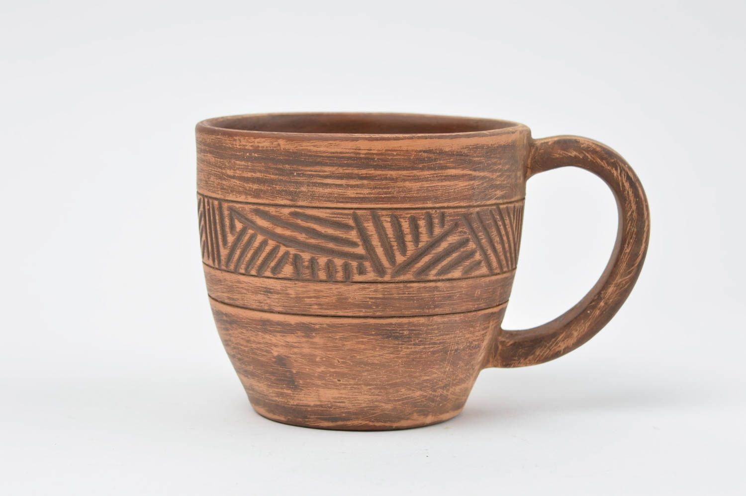 3 oz clay not glazed coffee cup with handle and line pattern photo 2