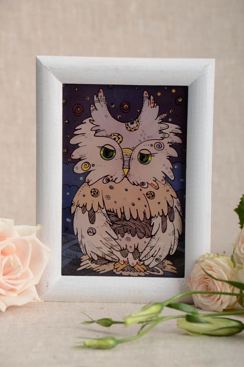 Beautiful homemade oil painting in white wooden frame for home decor Owl photo 1