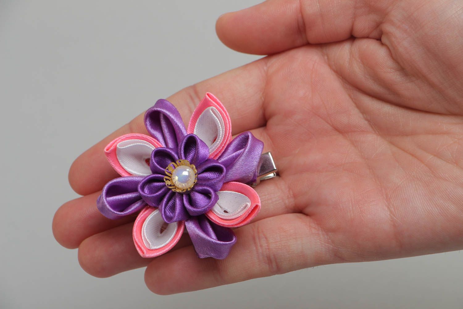 Handcrafted unique bobby pin made of satin ribbon in the form of a flower photo 5