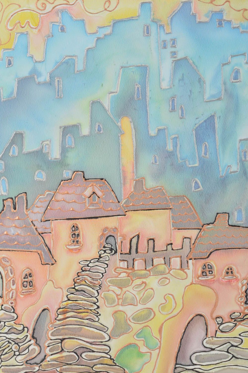 Картина в технике холодный батик тканевая ручной работы Утренний город фото 2