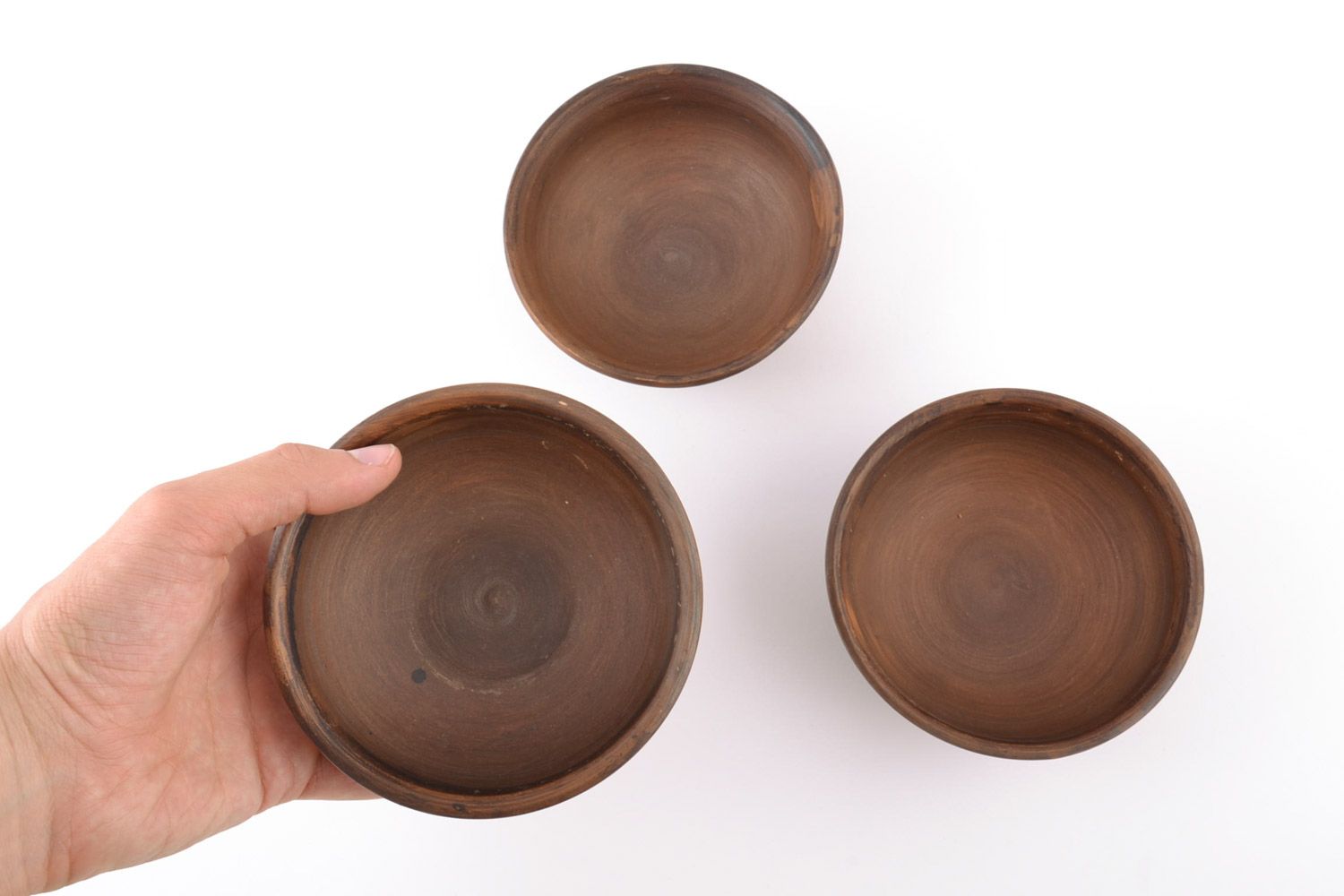 Handmade set of clay bowls 3 pieces 100 ml little brown eco friendly tableware photo 2