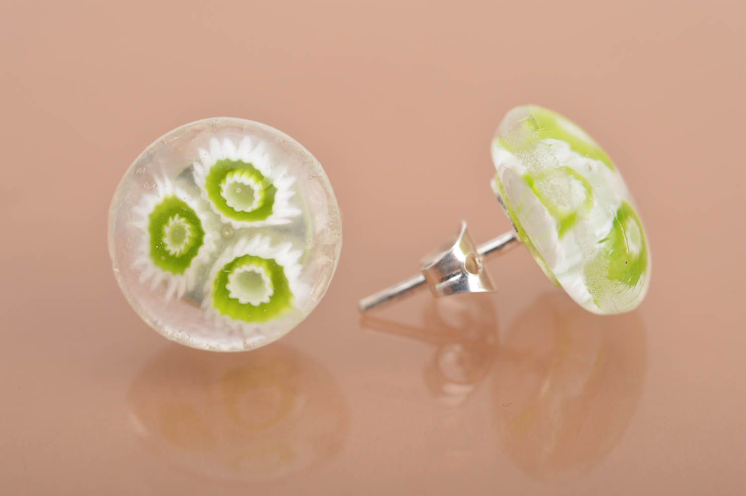 Small handmade designer millefiori glass round stud earrings Green Flowers photo 4