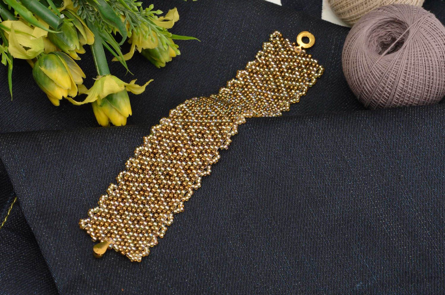 Модная бижутерия браслет ручной работы браслет из бисера золотой широкий фото 1