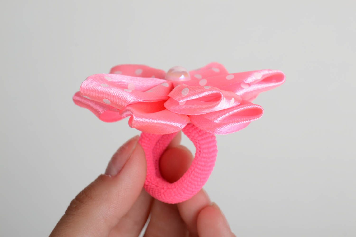 Handmade decorative hair tie with bright pink satin ribbon kanzashi flower photo 5