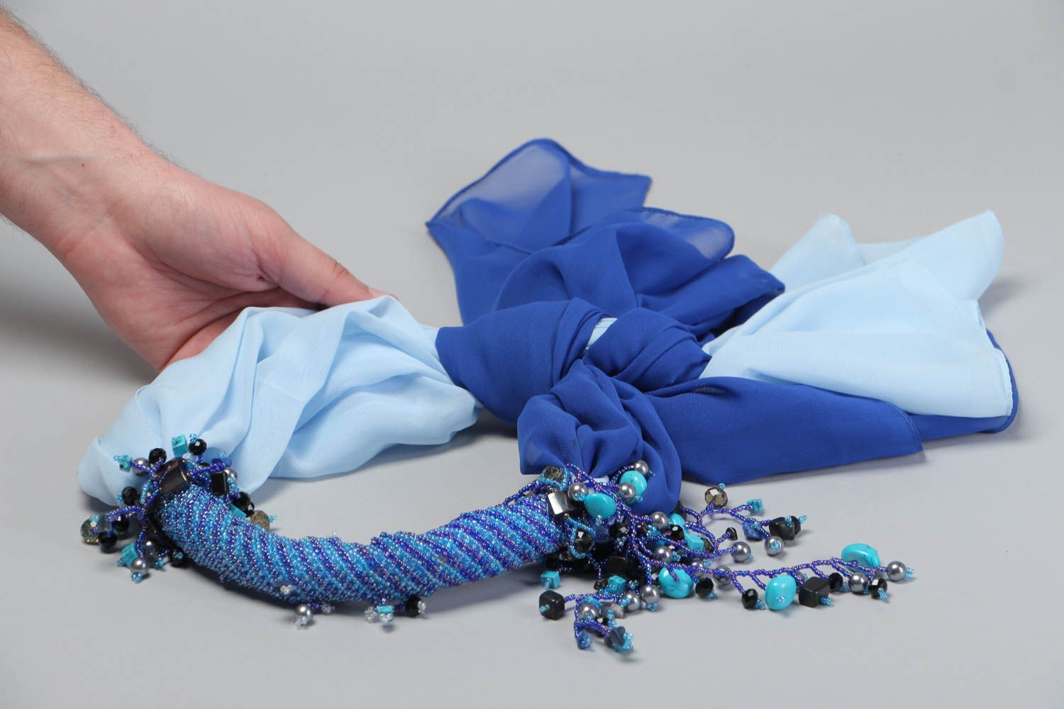 Textil Collier aus Glasperlen Hämatit Chiffon blau handmade Schmuck für Frauen  foto 5