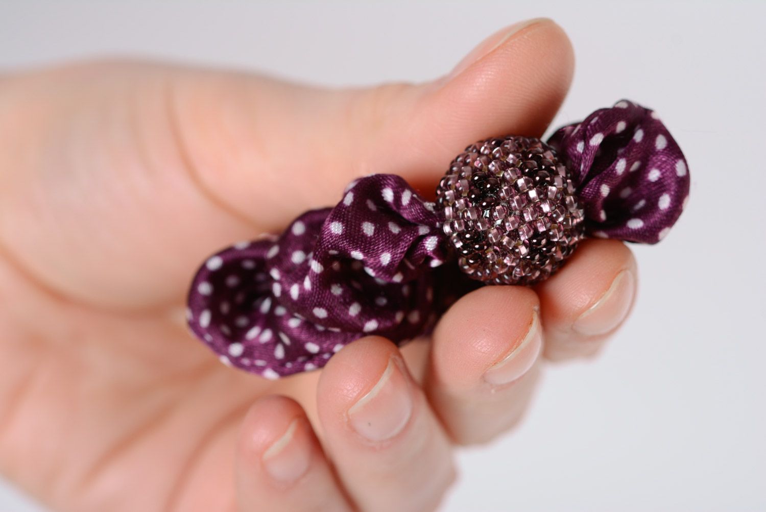 Beautiful handmade polka dot satin fabric hair tie with beads photo 4