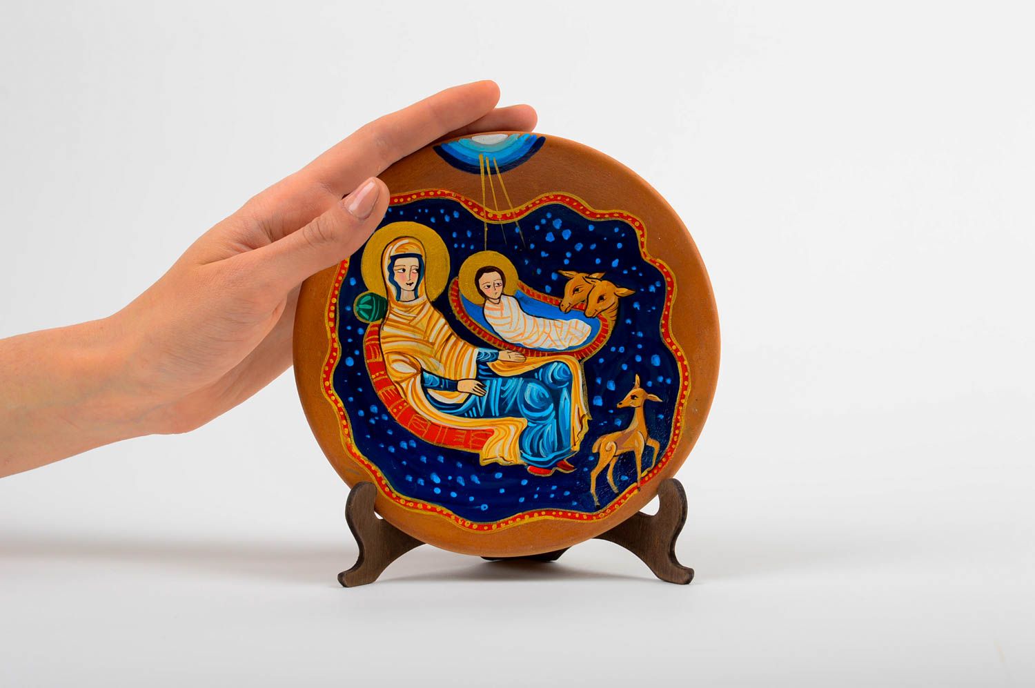 Schöner Keramik Wandteller handmade Haus Deko Wohn Accessoire Heilige bemalt  foto 2