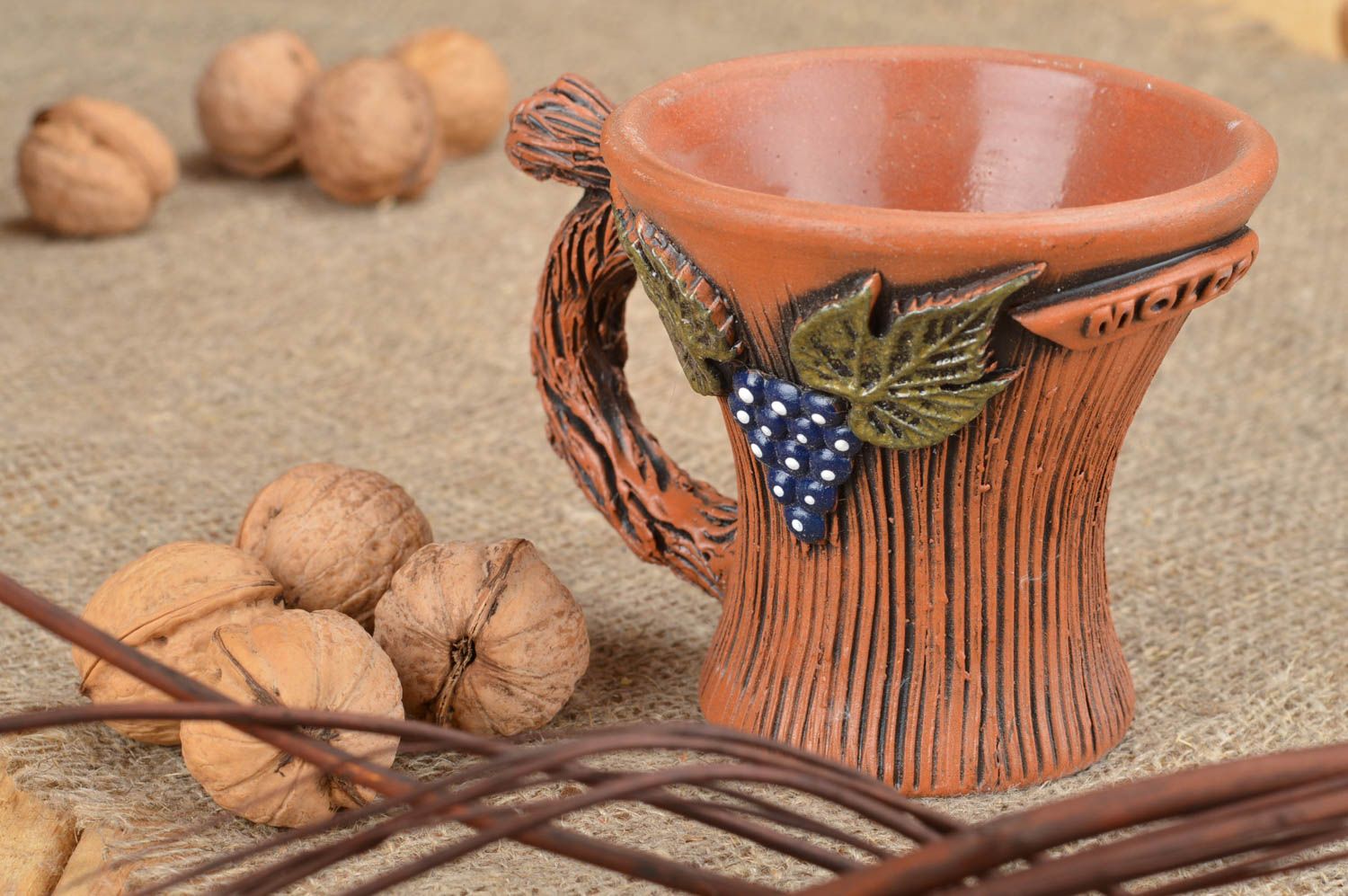 5 oz clay glazed wine cup with grape leaves in brown color photo 1