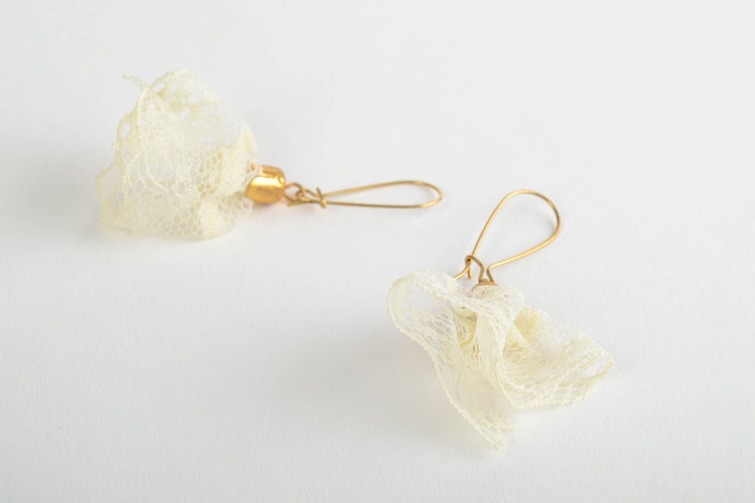 Handmade light festive lace dangling earrings with golden colored ear wires photo 3