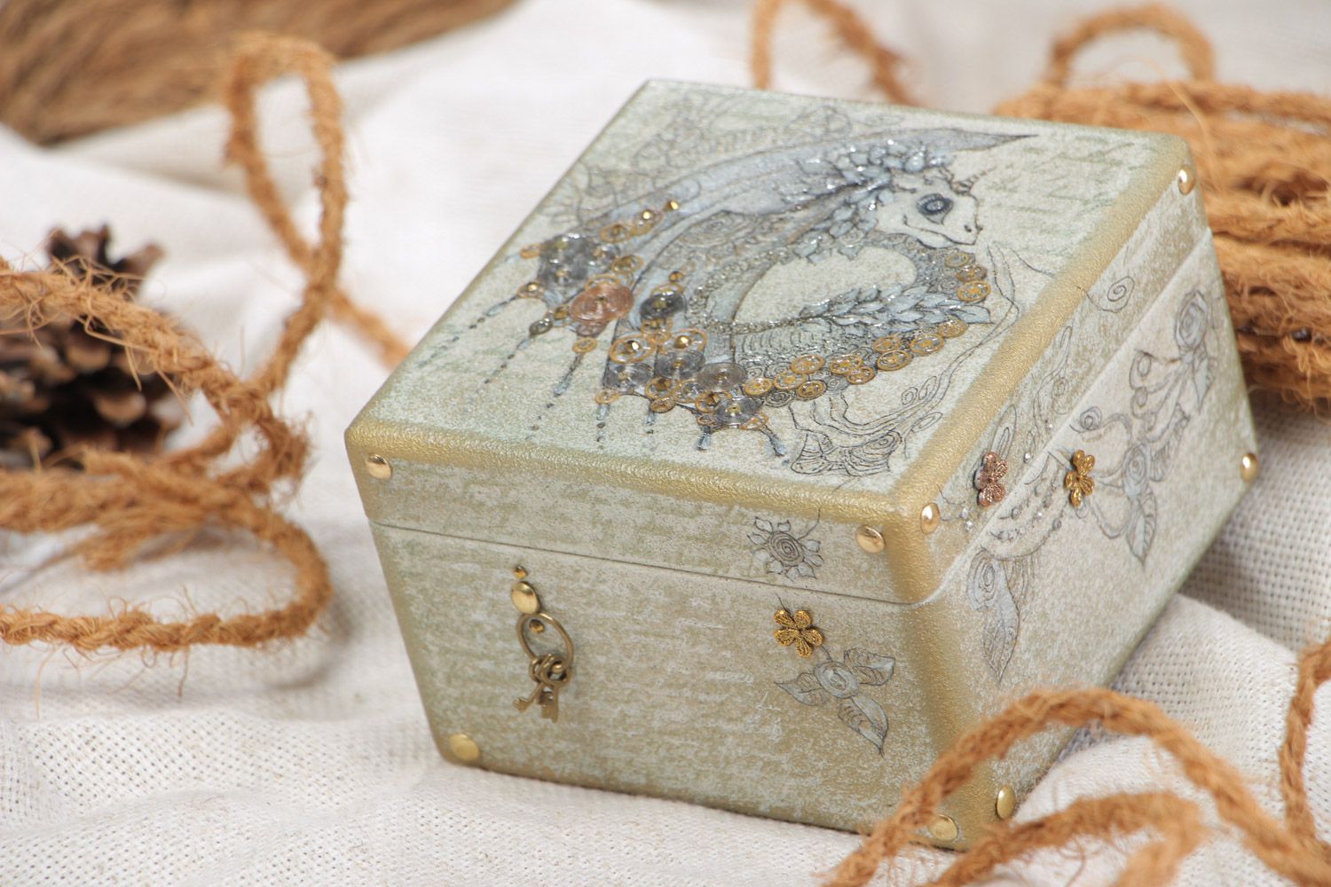 Handmade square wooden jewelry box in steampunk style with clock mechanism photo 1
