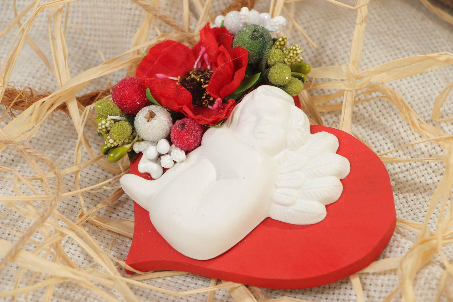 Grand magnet en bois et plâtre rouge-blanc fait main coeur ange fleurs photo 1