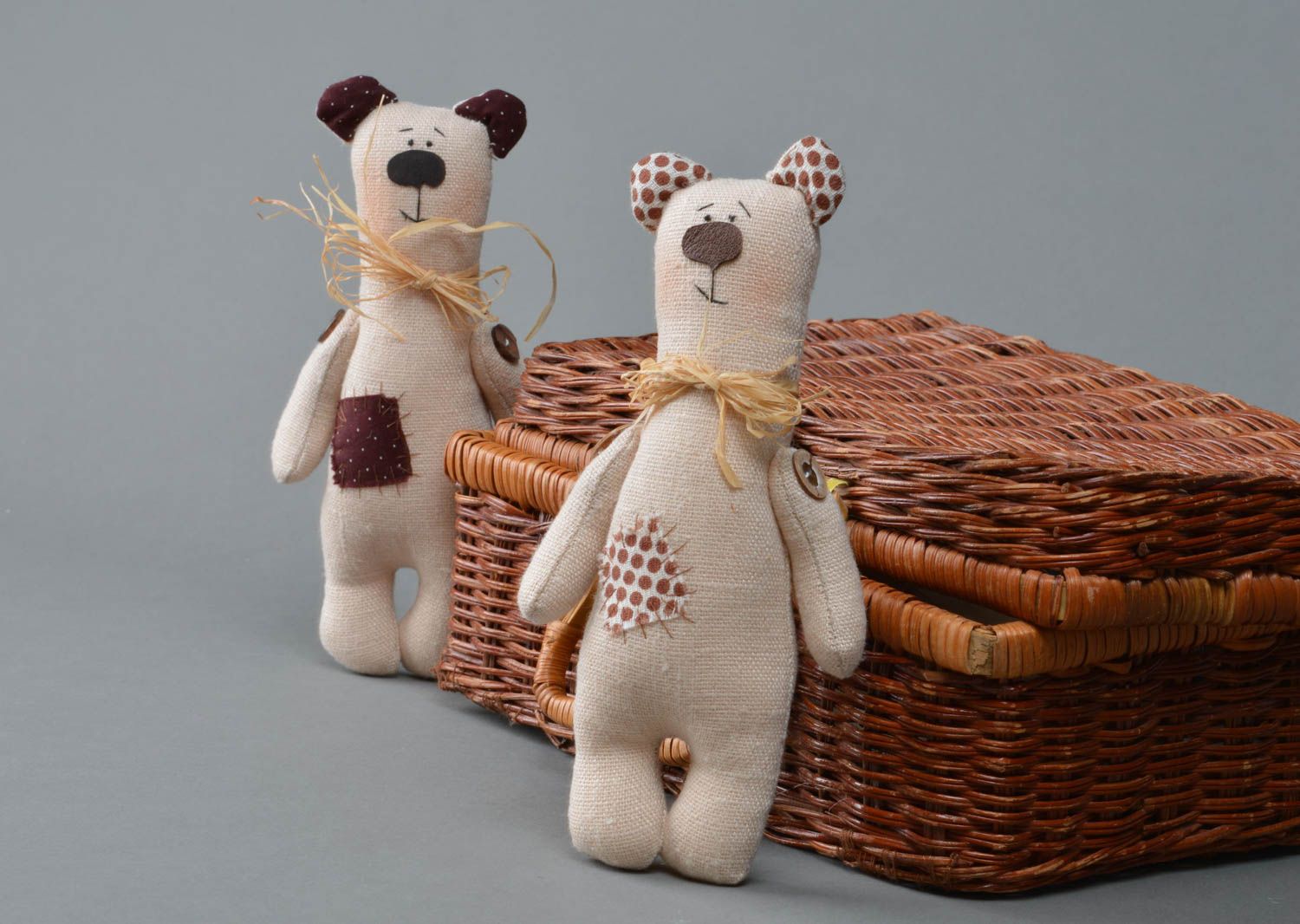 Set of 2 small handmade cotton and linen fabrics soft toys bears for children photo 1