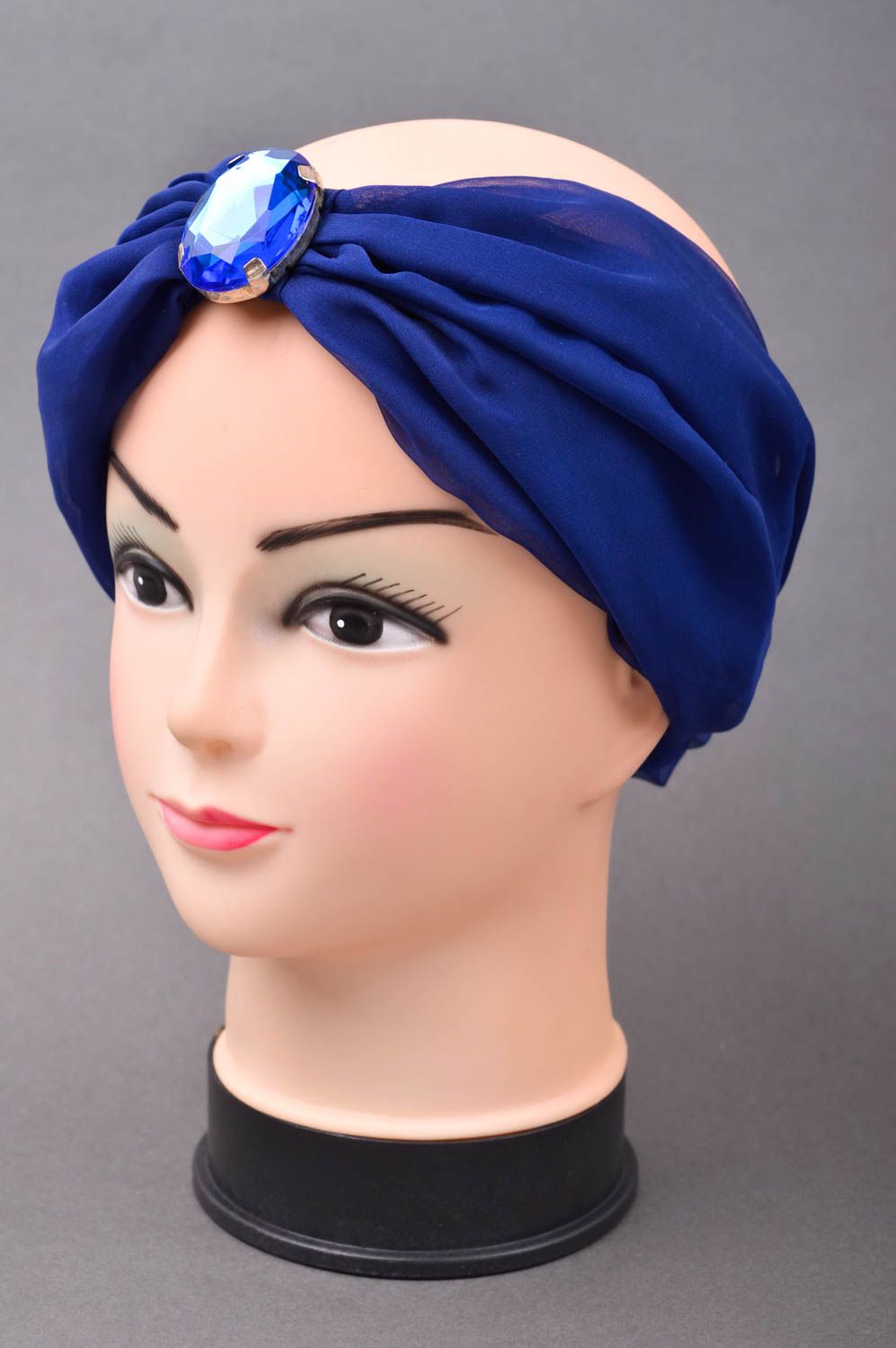 Handmade female headband unusual head accessory beautiful blue turban photo 1