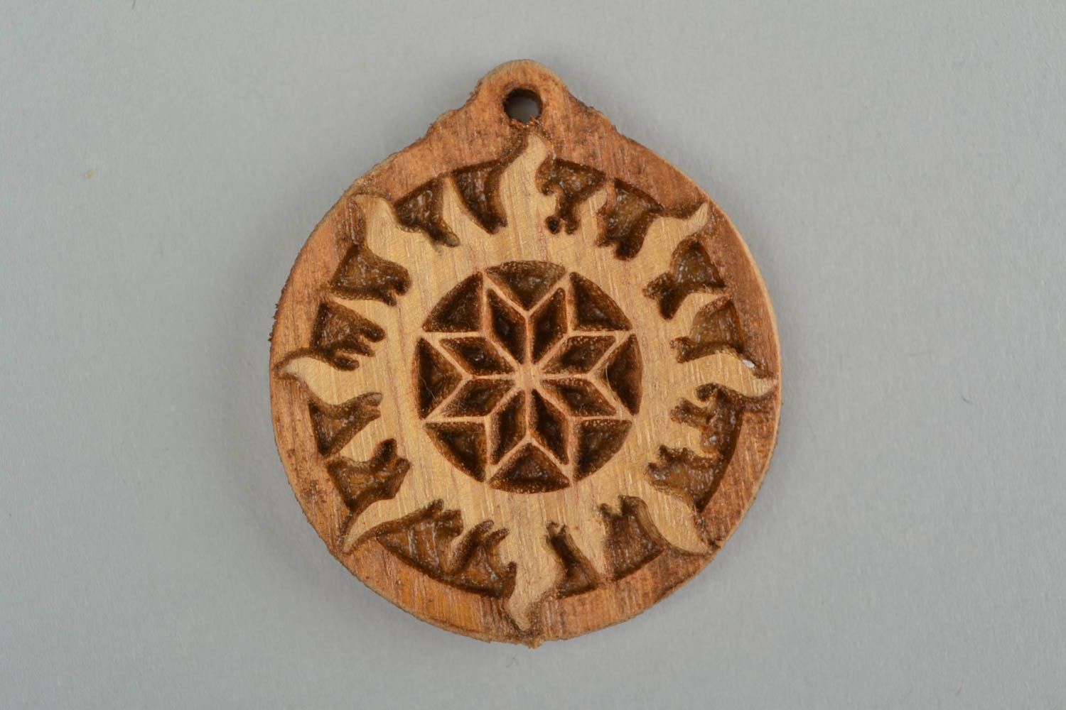 Handmade carved pendant Slavonic symbol Alatyr in Sun made of ash wood  photo 3