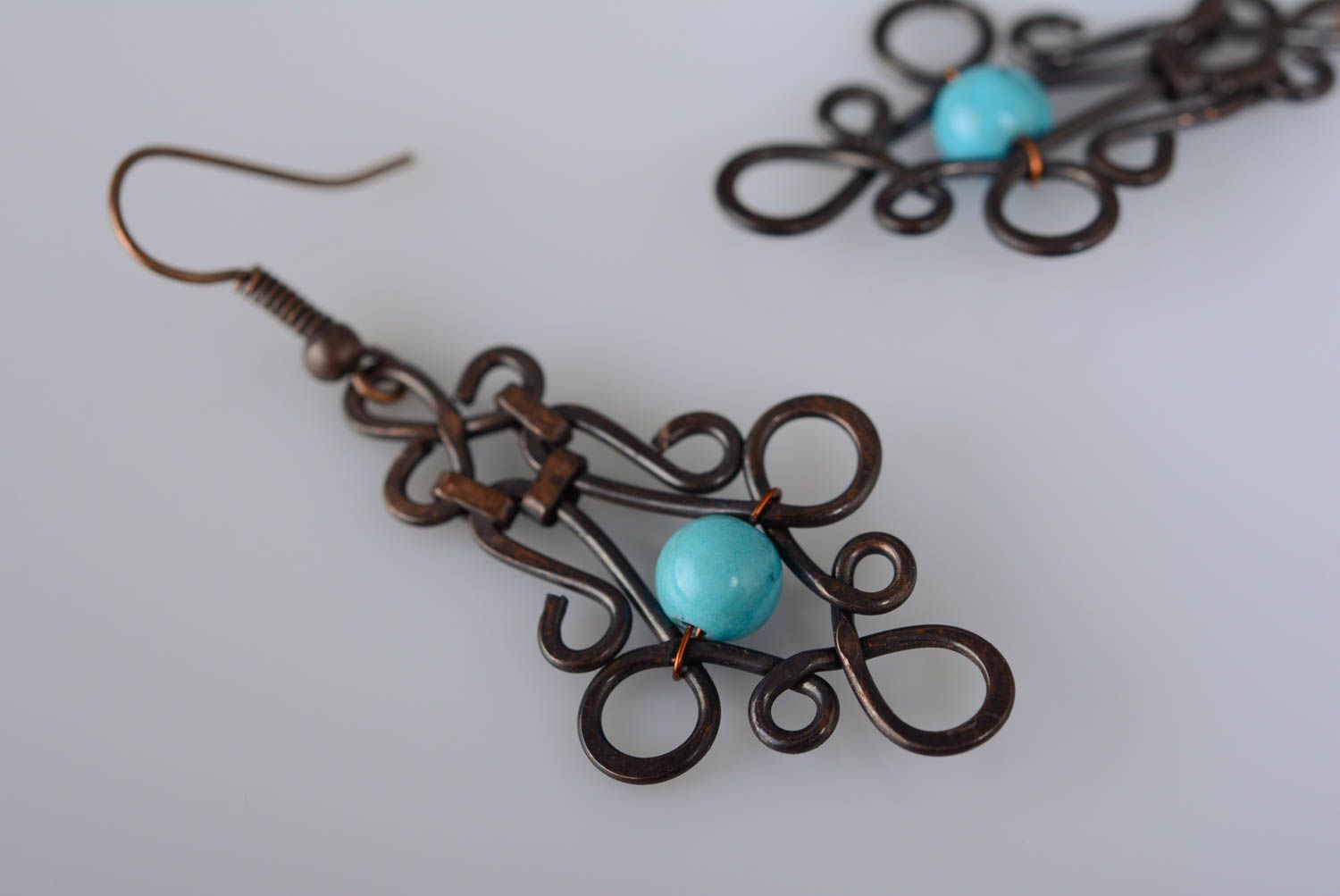 Massive earrings made of copper using wire wrap technique with artificial turquoise photo 2