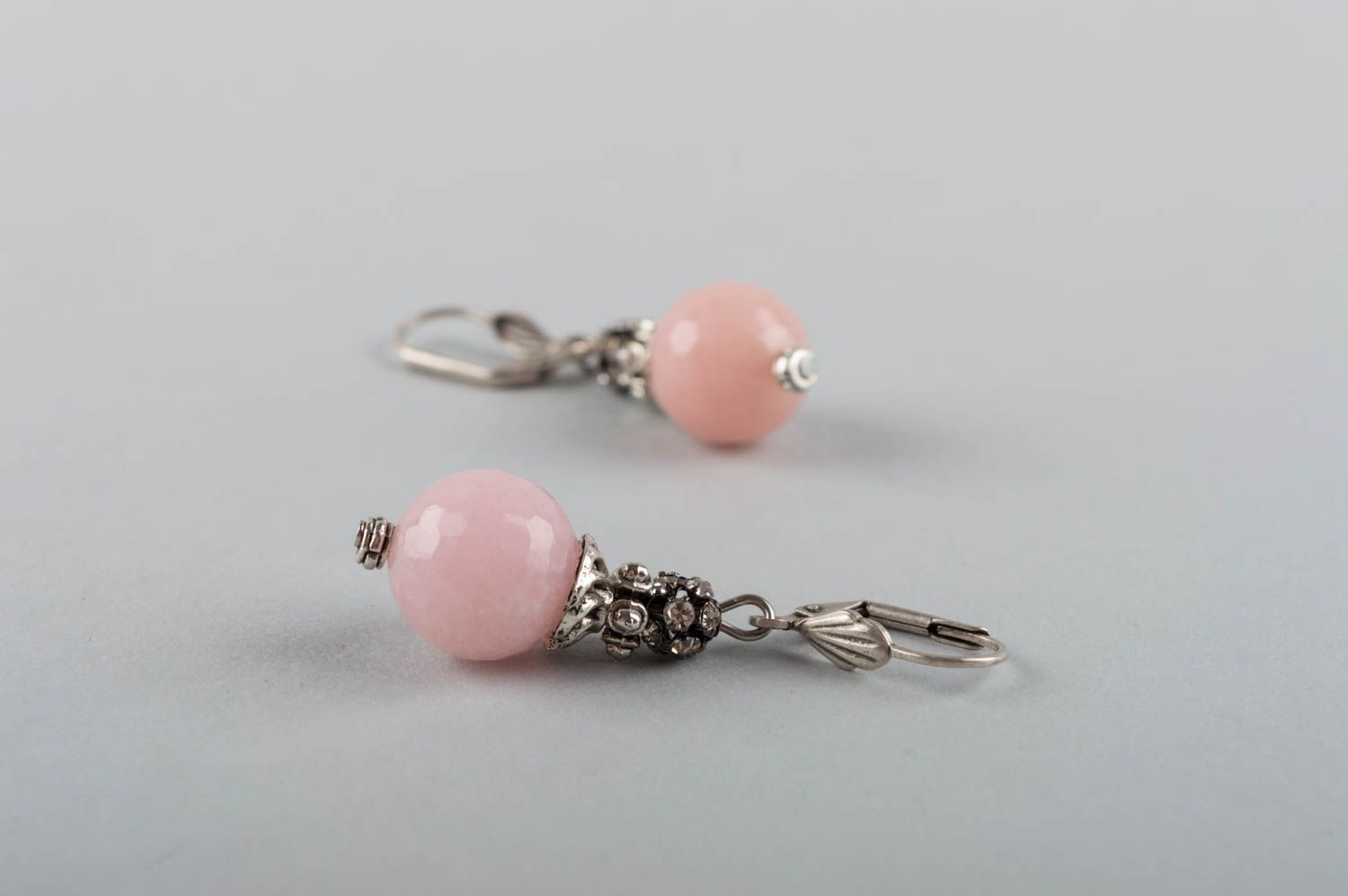 Designer cute elegant beautiful pink earrings made of brass and nephrite photo 5