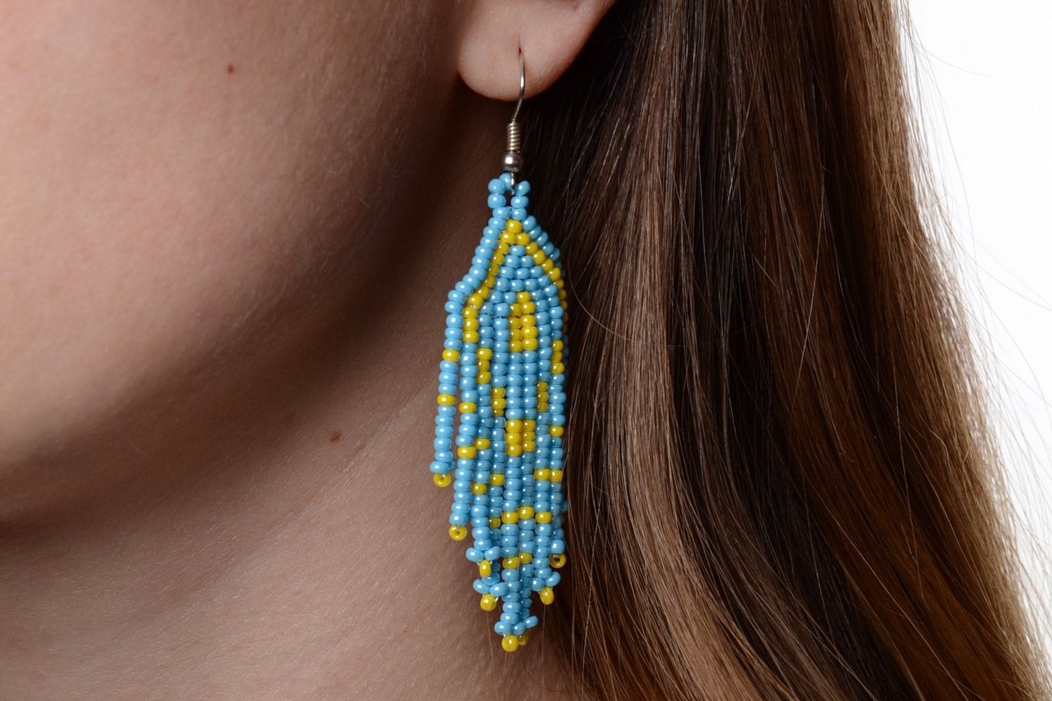 Bright festive handmade beaded earrings created using mosaic weaving photo 5