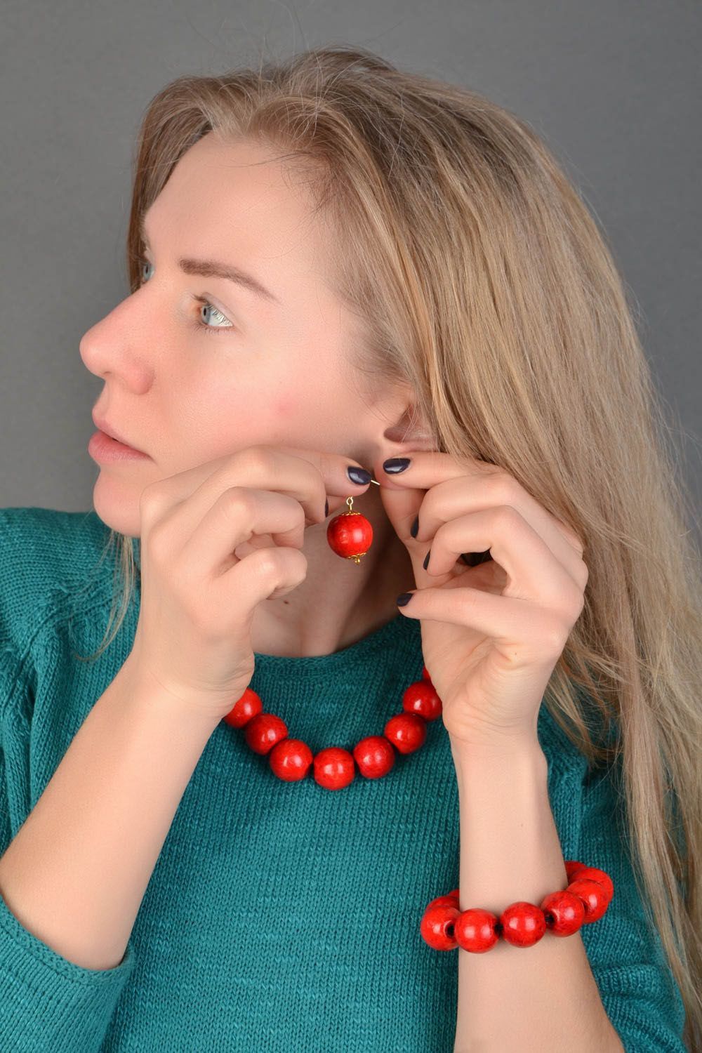 Set de bijoux en bois fait main bracelet et collier rouge style ethnique photo 2