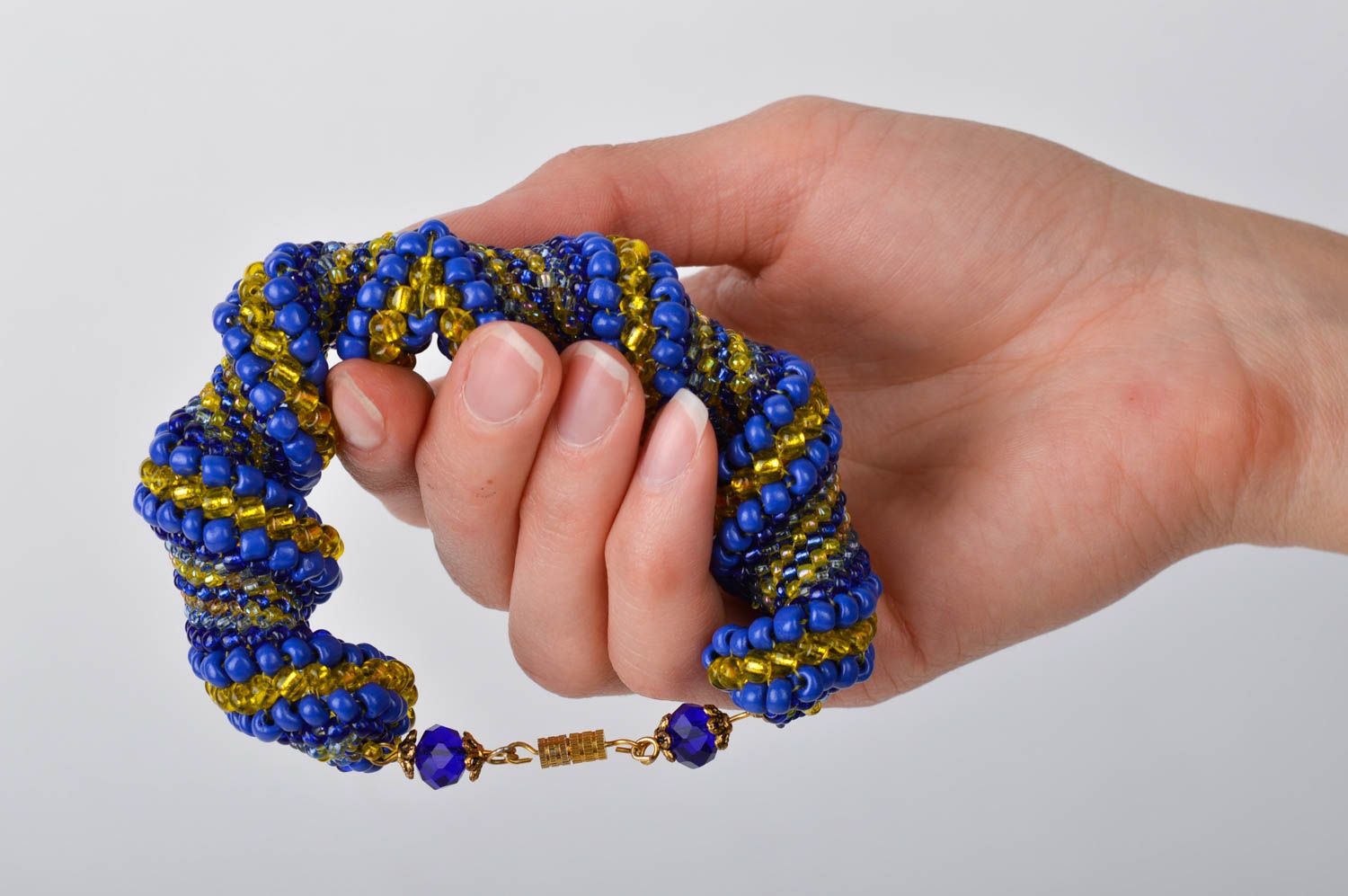 Dark blue and gold color beads bracelet on chain adjustable cord photo 2